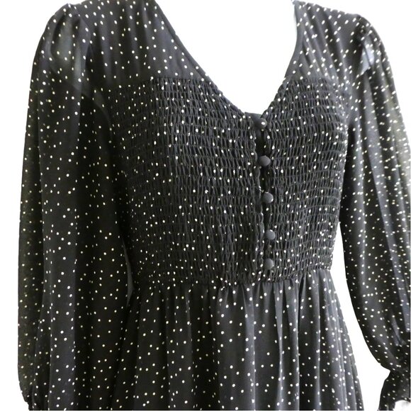 Top Shop Black Peasant Dress Midi White Polka Dots Tiered Ruffles Smocked Bodice - Picture 4 of 7